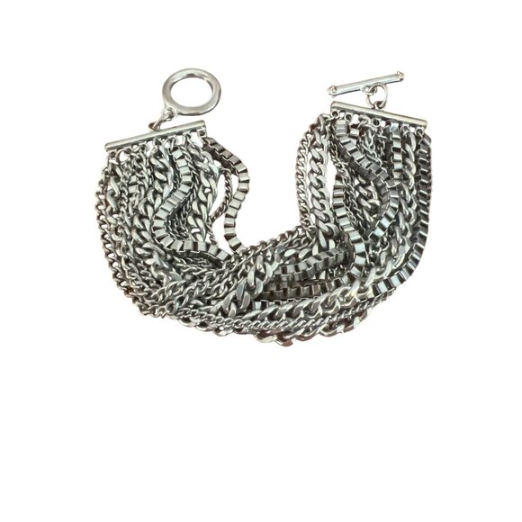 Multi Strand Silver Tone Mixed Chain Bracelet Toggle Clasp Statement Moto 7.5" - Picture 1 of 5